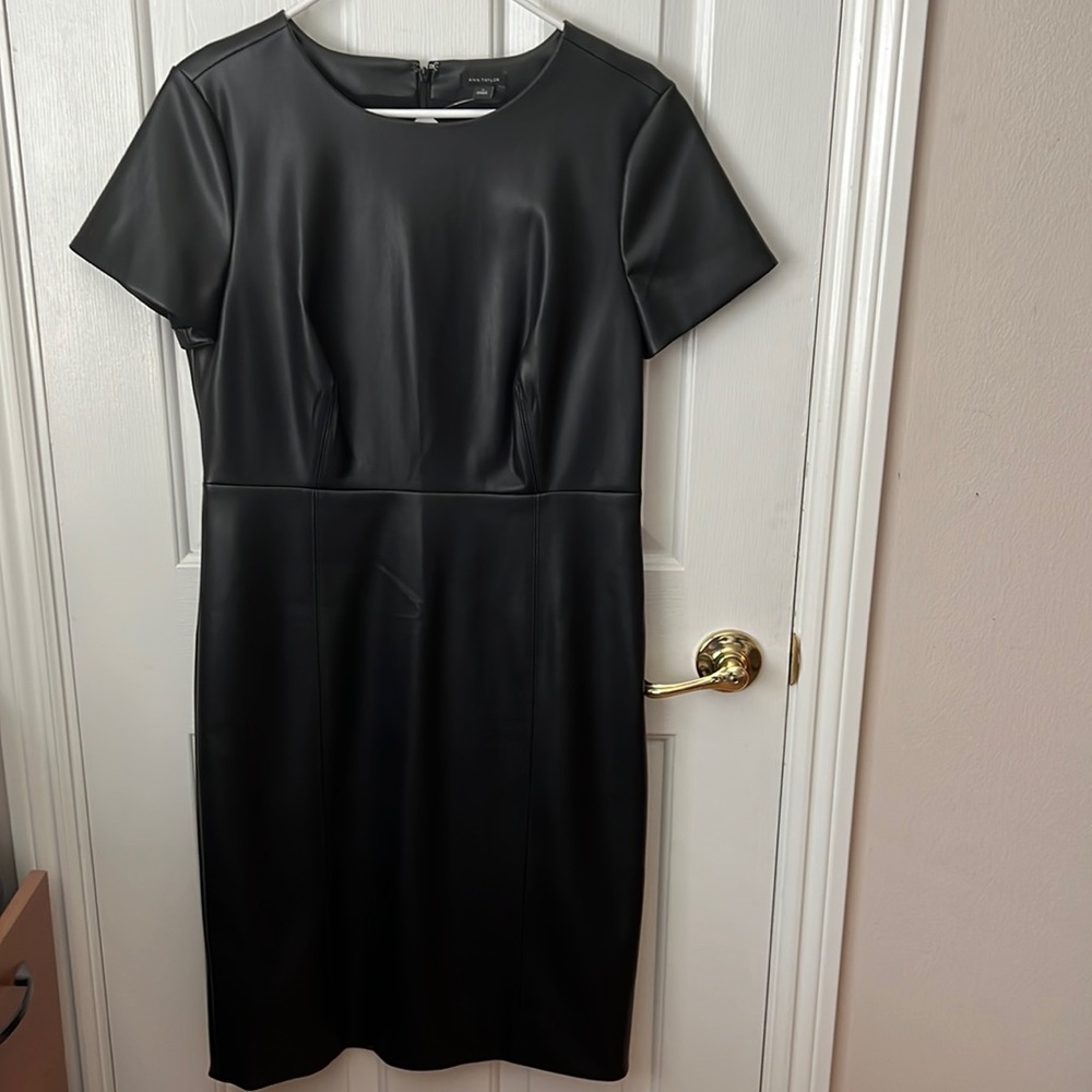 Ann Taylor black imitation leather short sleeved dress